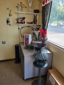 lot 29 image: (2) New Metal Stand Bird Feeders, Tabletop Fountains, Clays by Calico Vases  Pots and Decor