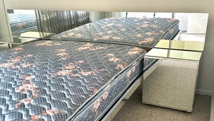 lot 4 image: Vintage Contemporary Mirrored Queen Bed with Matching Nightstands