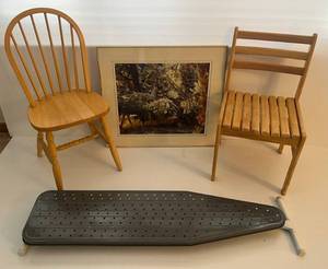 lot 62 image: Framed Behind Glass Steven Linder Deer Photo, Vintgae Ironing Board, Two Misc. Wooden Chairs