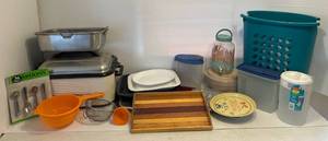 lot 73 image: Large Group Of Cookwares Including Teakwood Serving Tray And More