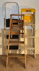 lot 96 image: Three 4 Step Ladders 2 Metal 1 Wood