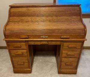 lot 105 image: Winners Only INC. Solid Oak Roll Top Desk 48W x 29D x 45T (Bring Help To Load)