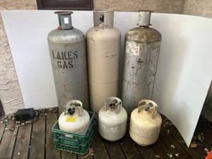 lot 113 image: Group Of Misc. Propane Tanks 3 100 Lb Tanks 2 Partial Full (Some propane Present)