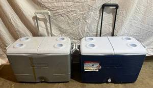 lot 132 image: Two Rubbermaid Coolers With Wheels 1 Broken Plug