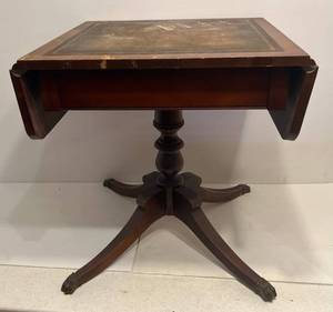 lot 148 image: Antique Leather Top Drop Leaf Table (Needs TLC) 25 14T  23W x 23 14 Without Leafs 37 With Leafs Open