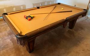 lot 157 image: Custom Made 8 FT 1 Slate Pool Table By Golden West Billards Inc. Los Angeles Ca With Leather Pockets, Balls, Rack And Two Cues (BUYER MUST DISASSEMBLE AND CARRY OUT) BRING HELP
