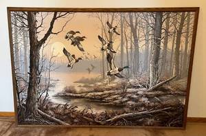 lot 161 image: Original Letterman Mallards In The Swamp Oil Painting 63W x 43T