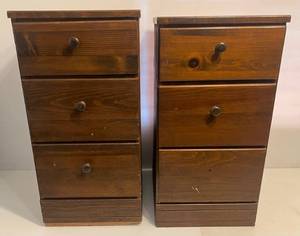 lot 177 image: Pair Of Three Drawer Pine Chests (One Has Repaired Bottom)