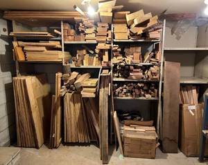 lot 185 image: Large Group Of Misc. Size Wood Including Black Wallnut 55 x 9 x 2, 38 Plywood 31 x 41 12, Bass Wood And More  (BRING YOUR OWN HELP TO LOAD)