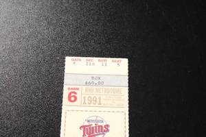 lot 108 image: 1991 World Series Game 6 Ticket Stub  Heavy Crease In The Middle