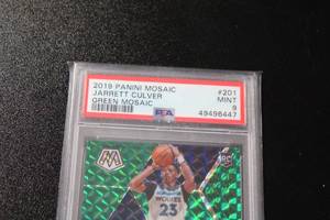 lot 112 image: 2019-20 Mosaic Green Prizm Jarrett Culver #201 Rookie Card PSA 9