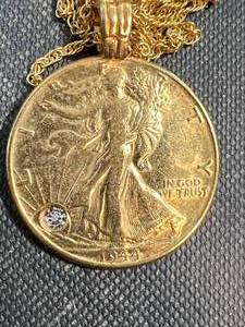 1944 US WALKING LIBERTY HALF DOLLAR GOLD PLATED NECKLACE