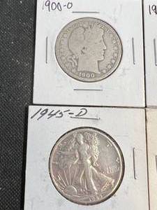 GROUP OF 4 US HALF DOLLARS 1900-O 1908-O 1945-D 1959