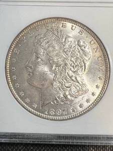 1897 US MORGAN SILVER DOLLAR ANACS MS60 DETAILS