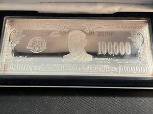 4 TROY OZ .999 FINE SILVER 100,000 DOLLAR BILL DESIGNED ART BAR