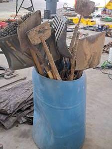 lot 207 image: Lot of (1 Barrel) Misc. Hand Tools - Shovels, Choppers, Brooms