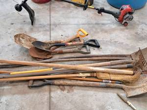 lot 217 image: Lot of (13) Misc. Yard Tools - Shovels, Rakes, Choppers, Pry Bars
