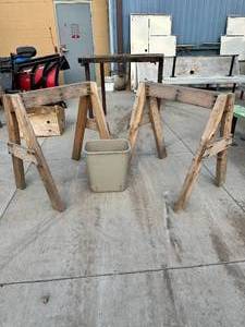 Pair of Wood Saw Horses and Garbage Can