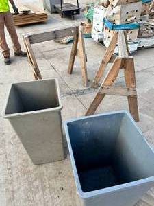 Pair of Wood Saw Horses and (2) Garage Garbage Cans