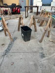 Pair of Wood Saw Horses and Garbage Can