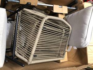 lot 5 image: Hampton Bay Haymont 3-Piece Steel Wicker Outdoor Bistro Set with Beige Cushions   Customer Returns See Pictures