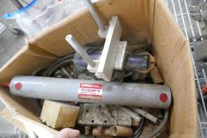 lot 105 image: Box of stuff - large Bimba cylinder and what looks like a welding or crimping head