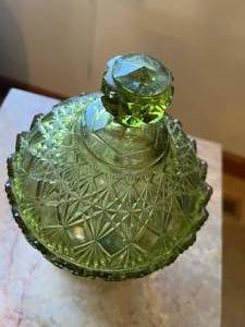 lot 44 image: Green covered glass dish with chip