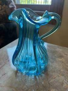 lot 48 image: 6 Handblown Ice Blue Glass Pitcher