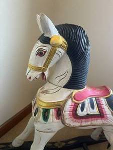 lot 127 image: Beautifully crafted wooden rocking horse.