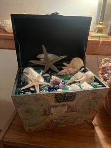 lot 225 image: Basket of coral and treasure chest of sea shells