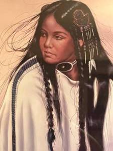 lot 284 image: Indian native print with feather embellishments