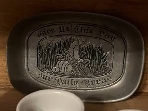 lot 367 image: Vintage pewter coffee pot, mugs, and dish.