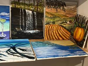 lot 411 image: Linda Van Lear original signed paintings on canvas, unframed.