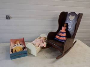 Wood Rocking Chair, Porcelain Dolls and Cradle