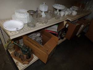 Vintage Milk Glass with decanters, China and assorted glassware