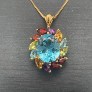 Oval Blue Topaz & Rainbow Gemstone Cluster Wreath Pendant in Yellow Gold - Citrine, Amethyst, Garnet, Peridot in Yellow Gold $1,550 Retail