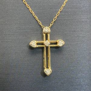 Diamond Five-Stone Heart Open Cross Pendant Necklace in Yellow Gold $1,450 Retail