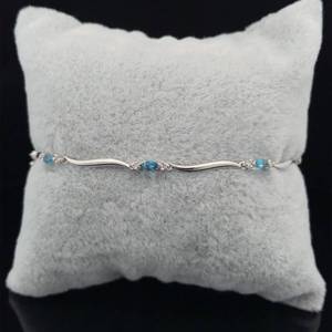 London Blue Topaz & Diamond Three-Stone Slim Wavy Bar Link Bracelet in White Gold, Delicate and Slim Design