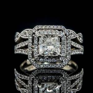 Designer Jeff Cooper 1.70 Carat Diamond Princess Cut Solitaire & Diamond Tandem Halo Collection Engagement Ring & Wedding Band 2-Piece Bridal Set in 14k White Gold $6,350 Retail VIDEO