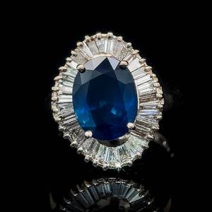 Large 4.00 Carat Natural Blue Sapphire Solitaire & Diamond Halo Cluster Cocktail Ballerina Diana Inspired Statement Ring in 14k Yellow Gold $5,250 Retail VIDEO