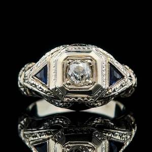 Rare Estate Antique Find Excellent Condition Diamond and Natural Sapphire Filigree Art Deco Ring in 18k White Gold $3,950 Retail VIDEO
