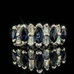 Diamond Baguette & Natural Blue Sapphire Anniversary Ring in 14k White Gold $2,125 Retail