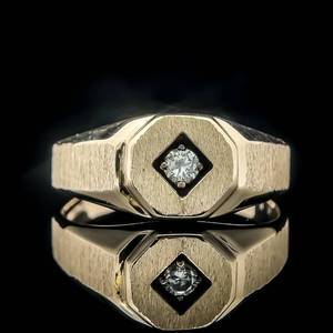 Gents Diamond Solitaire Hexagon Signet Ring in 14k Yellow Gold - Shimmering Brushed Gold Finish