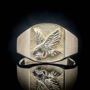 Gents Diamond Accent Bald Eagle Engraved Brushed Finish Ring in Yellow Gold