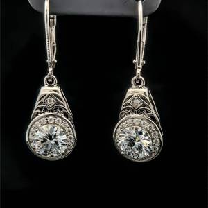 Designer Bella Moi 2.34 Carat Moissanite Drop Dangle Earrings w Lever Backs, Filigree Openwork Vintage Style