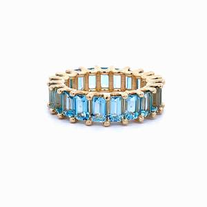 Amazing 5.60 Carat Natural Aquamarine Eternity Band Ring, Ideal Matched Emerald Cut Gemstones in 14k Yellow Gold $7900 Retail