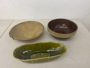Vintage Wood Bowl & Pottery