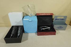 lot 221 image: Assorted Bar Pieces -Tipsy Glasses, Champagne Flutes, Corkscrew