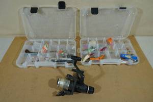 lot 285 image: 2 Tackle Box Inserts with Assorted Tackle and Reel