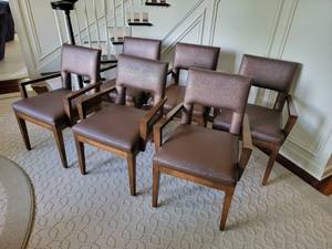 lot 14 image: Contemporary Steel Brown Leather Dining Chairs (Six Count)